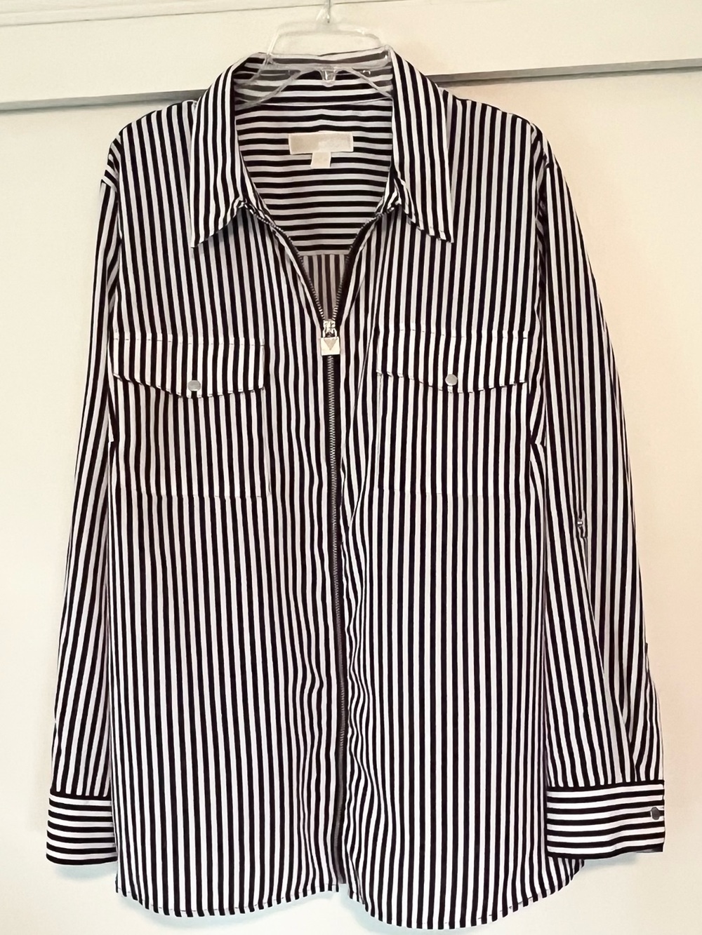 Michael Kors Navy & White Striped Zip Front Roll Tab Shirt Plus Size 3X